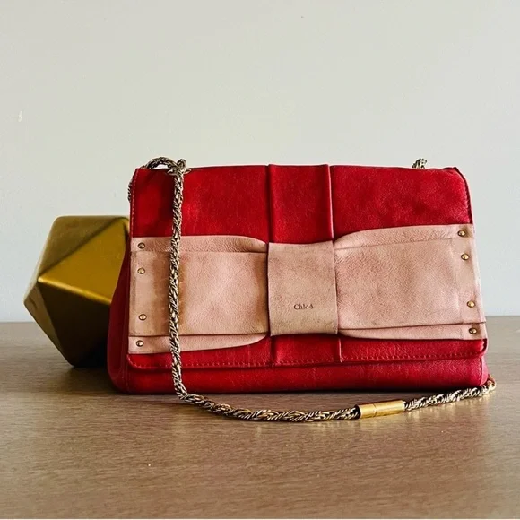 CHLOE June Bow Flap Shoulder Bag in Holly Berry Red Sheepskin Leather - Picture 1 of 9